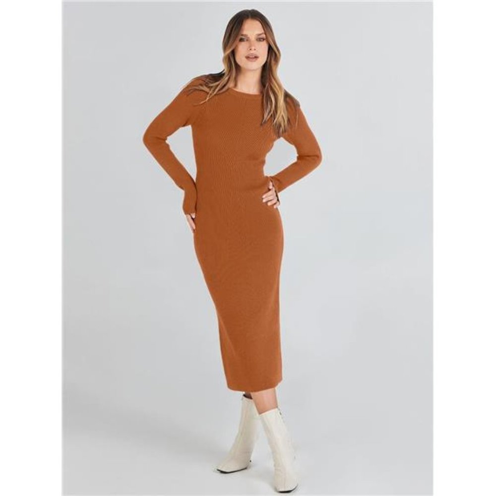 Women's 2023 Fall Long Sleeve Sweater Dress Crewneck Slim Fit Ribbed Knit